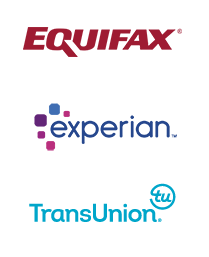 Stacked logos of Equifax, Experian, and TransUnion, the three companies that generate U.S. credit reports.