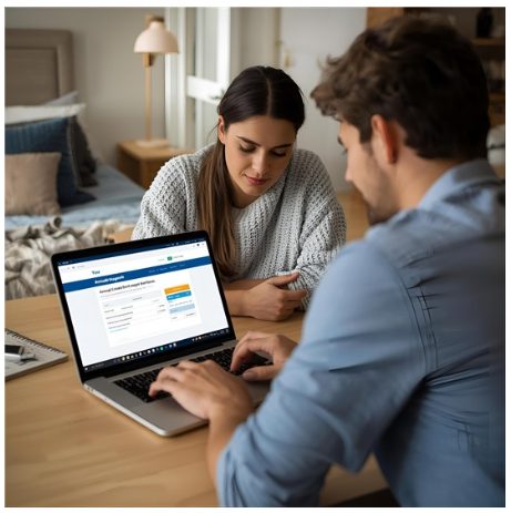 Couple reviewing credit information together on a laptop at home.