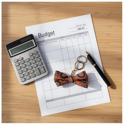 Flat-lay photo of a budget worksheet, calculator, pen, and an orange bow tie keychain on a wooden desk, symbolizing real-world home-buying budgeting.