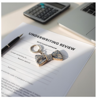 Bow tie keychain on an underwriting review document with pen and calculator, illustrating fixing underwriting issues during the mortgage process.