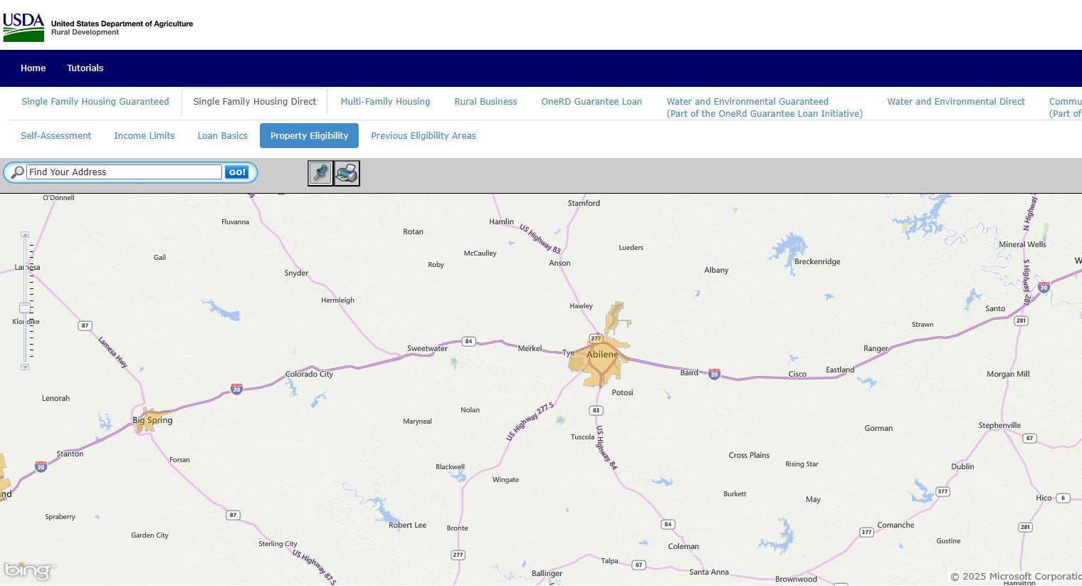 USDA Property Eligibility Map showing Abilene, Texas, with the city limits shaded in orange as ineligible and surrounding rural areas displayed as potentially eligible for USDA loans.