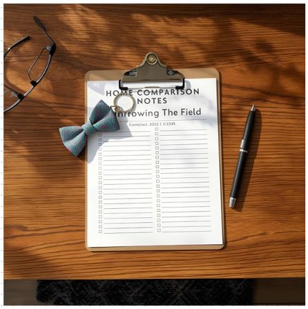 Clipboard with home comparison notes and checklist on a wooden desk, featuring a paisley bow tie keychain, pen, and glasses — representing narrowing the field when buying a home