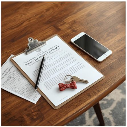 Clipboard with a Texas real estate contract, pen, smartphone, and house keys on a wooden desk, featuring a paisley bow tie keychain.