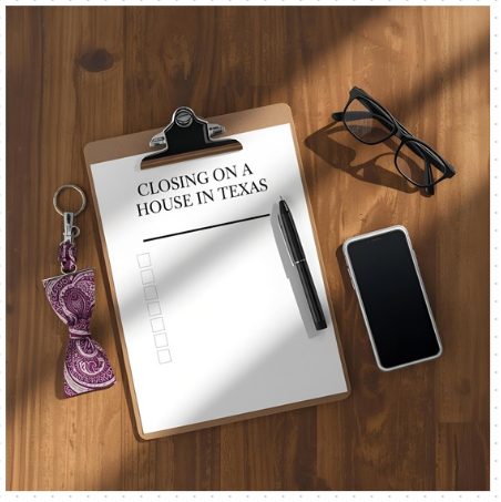 Closing on a house in Texas checklist with clipboard and purple bow tie keychain