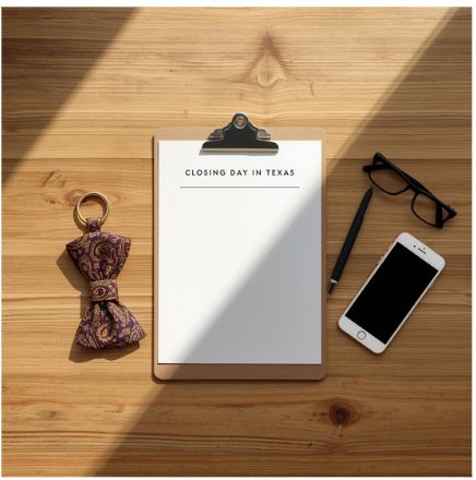 Clipboard labeled “Closing Day in Texas” on a wooden desk with a brown and yellow paisley bow tie keychain, pen, glasses, and phone, representing the home closing process in Texas
