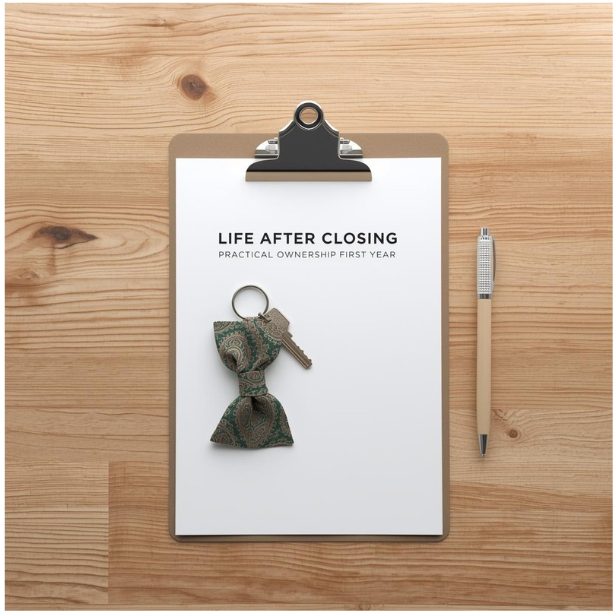 Clipboard on a wooden desk labeled “Life After Closing – Practical Ownership First Year,” with a green paisley bow tie keychain and house key, representing first-year homeownership after closing.