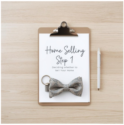 Clipboard labeled “Home Selling Step 1” on a wooden desk with a bow tie keychain, representing a practical guide to deciding whether to sell your home.