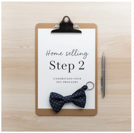 Clipboard on a wooden desk labeled “Home Selling Step 2” with a navy bow tie keychain, representing understanding net proceeds from selling a home.