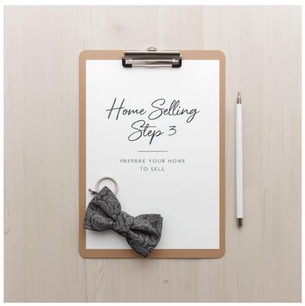 Clipboard labeled “Home Selling Step 3: Prepare Your Home to Sell” with a patterned charcoal paisley bow tie keychain on a light wood surface.
