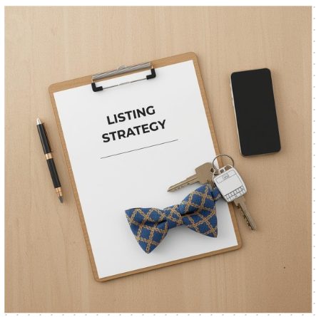 Clipboard labeled “Listing Strategy” with a patterned blue-and-gold bow tie keychain, house keys, smartphone, and pen on a wooden desk, representing choosing a realtor to sell a home in Texas.