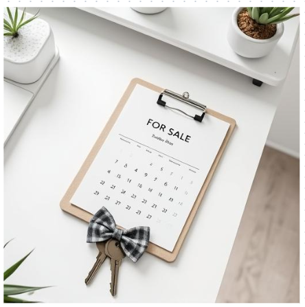Clipboard with a “For Sale” calendar, house keys, and a gray bow tie on a clean desk, representing timing and launch strategy when listing a home for sale.