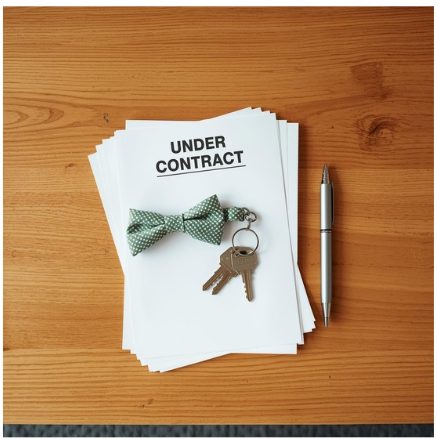 Under contract home sale documents on a mid-century maple desk with a green patterned bow tie keychain and house keys, representing the inspection and negotiation phase of selling a home