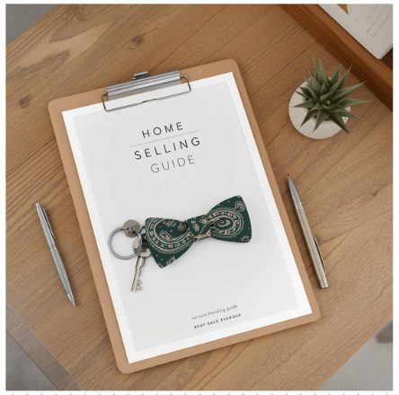 Clipboard labeled “Home Selling Guide” on a maple desk with a green paisley bow tie keychain, house keys, and pen, representing the start of a practical home selling process.