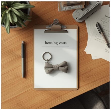 Clipboard labeled “Housing Costs” on a maple wood desk with a cloth bow tie keychain, representing analysis of home affordability in Abilene.