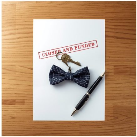 Closing paperwork stamped “Closed and Funded” on a maple desk with a blue patterned bow tie keychain, brass house key, and pen, representing the final step of selling a home.
